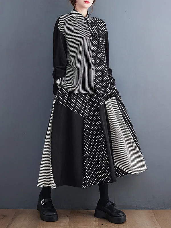 xakxx Loose Oversize Striped Polka-Dot Split-Joint Blouse Top A-Line Skirt Bottom Two Pieces Set